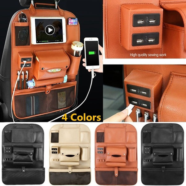 Organisateur Siège Voiture Cuir Premium — Hub USB & Rangement Multi-Poches